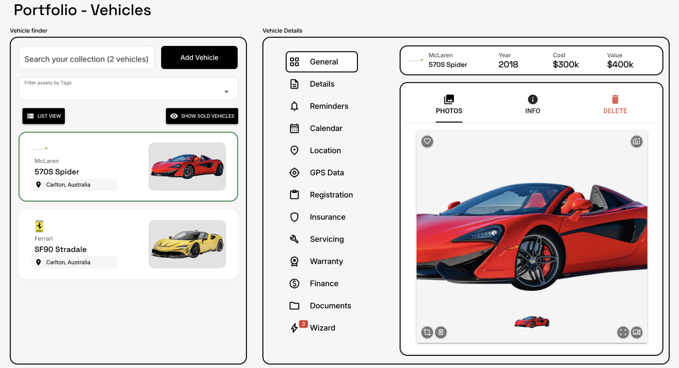 The MyLuxFleet portfolio view, managing a McLaren 570S Spider and a Ferrari SF90 Stradale