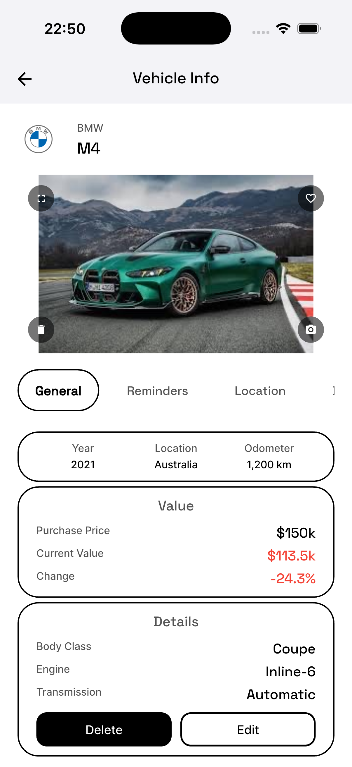 Vehicle detail — value, details and history