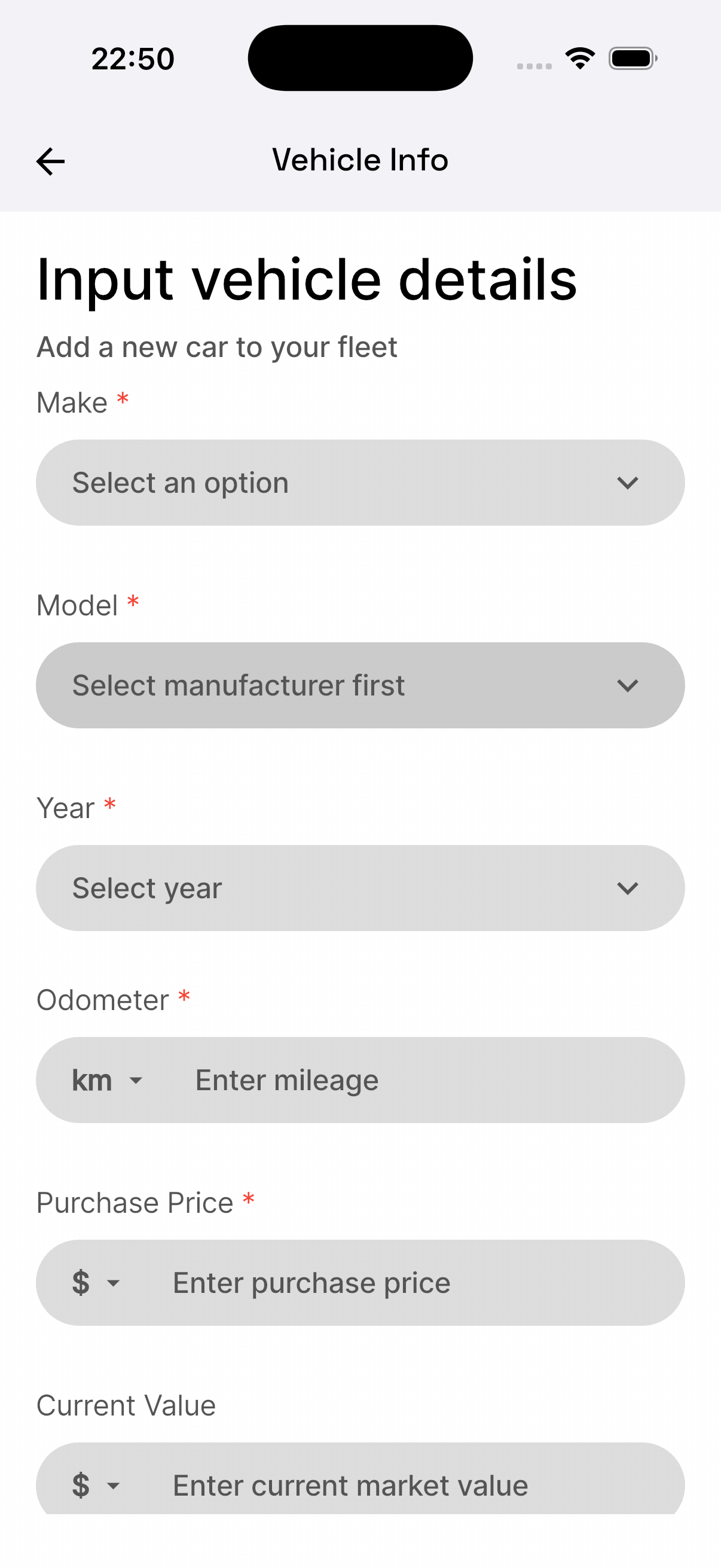 Input vehicle details form