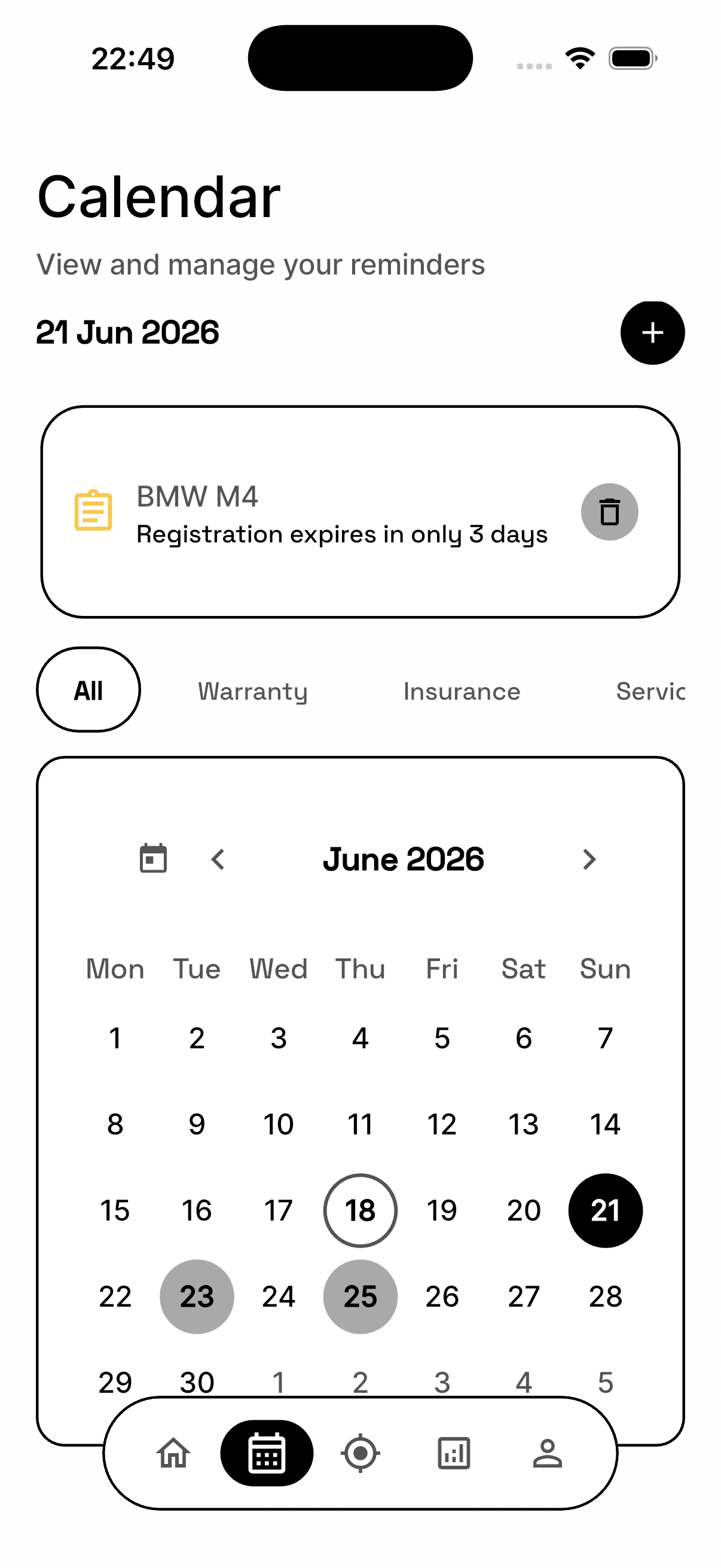 Calendar — registration, service and insurance reminders