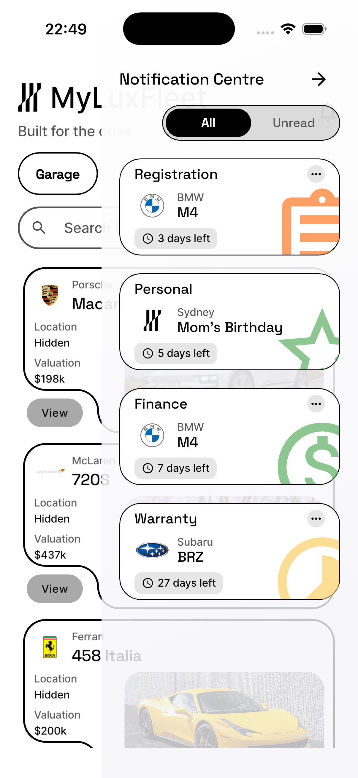 Notification centre — registration, finance and warranty alerts