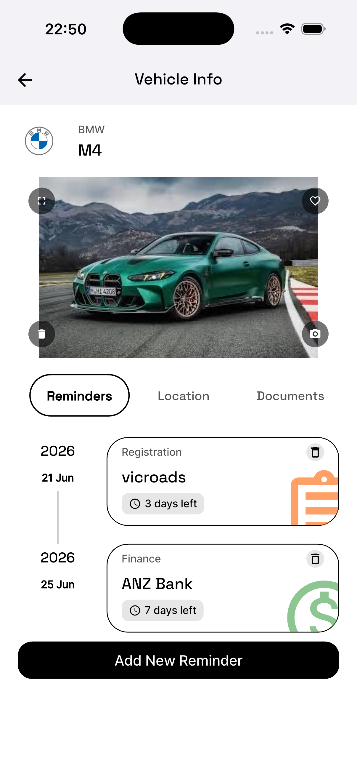 Vehicle reminders timeline
