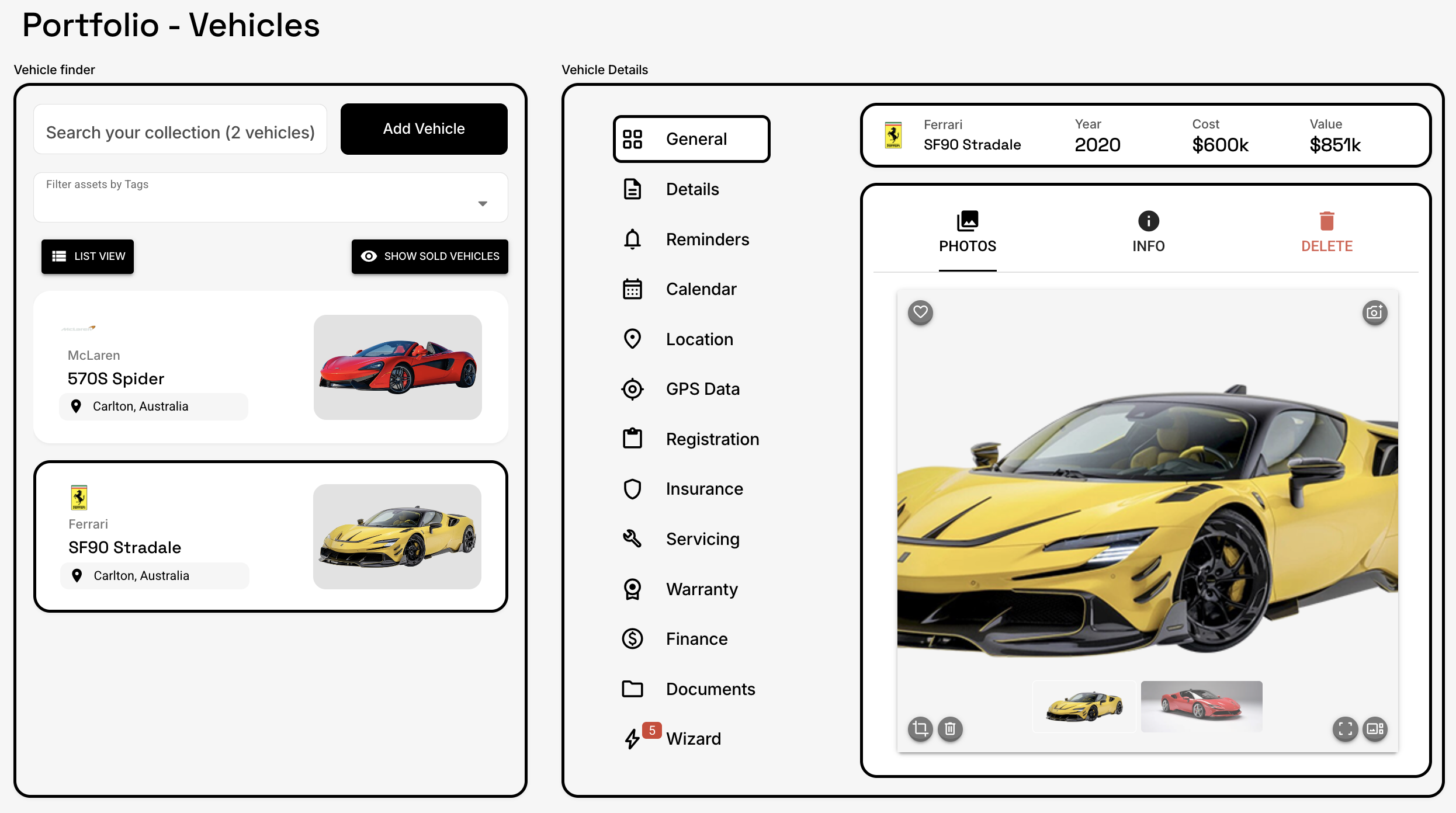 MyLuxFleet portfolio — managing a McLaren 570S Spider and a Ferrari SF90 Stradale