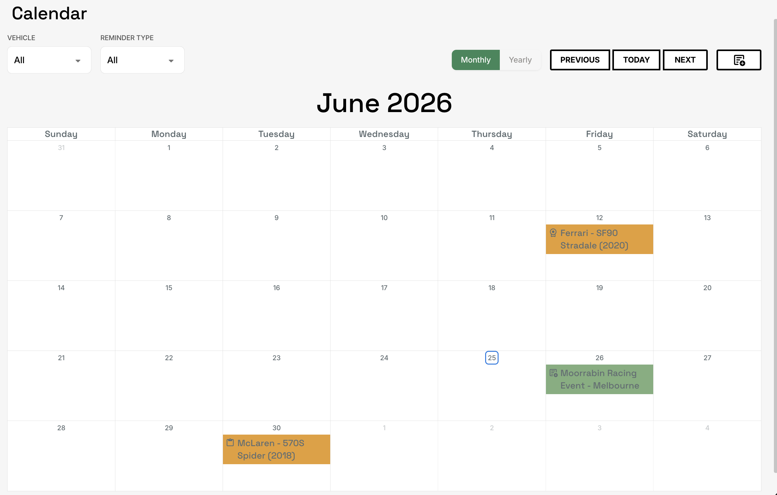 Calendar — reminders and events across the fleet