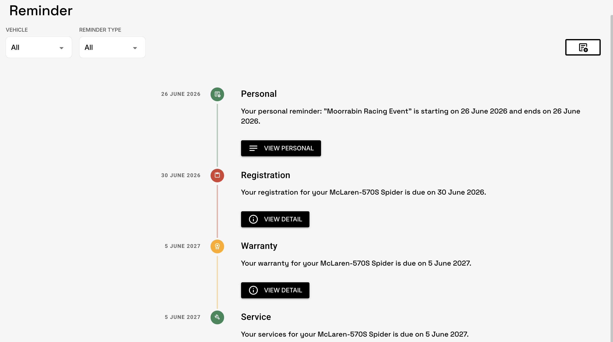 Reminder timeline — registration, warranty and service